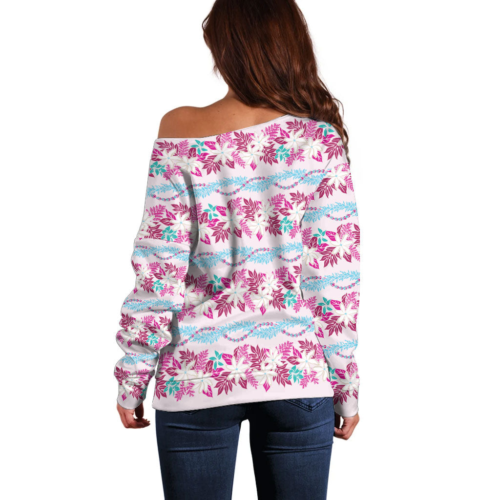 Monstera Tiare Plumeria Lei Pattern Off Shoulder Sweater Pink Version LT01 - Polynesian Pride