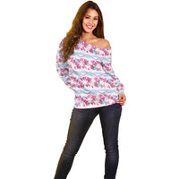 Monstera Tiare Plumeria Lei Pattern Off Shoulder Sweater Pink Version LT01 - Polynesian Pride