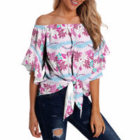 Monstera Tiare Plumeria Lei Pattern Off Shoulder Wrap Waist Top Pink Version