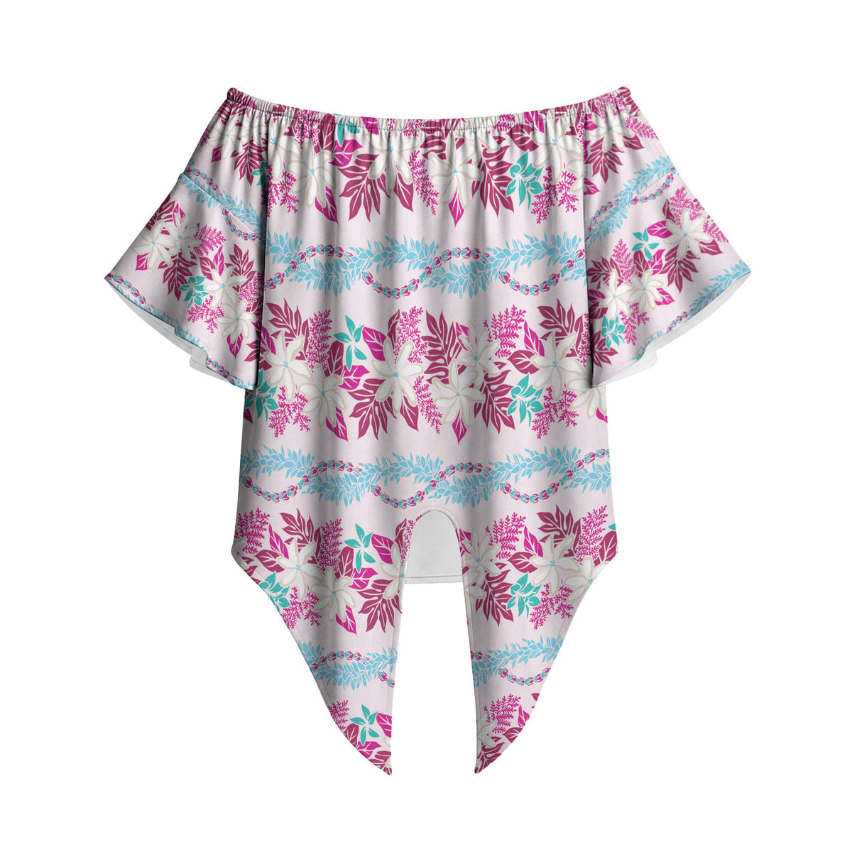 Monstera Tiare Plumeria Lei Pattern Off Shoulder Wrap Waist Top Pink Version
