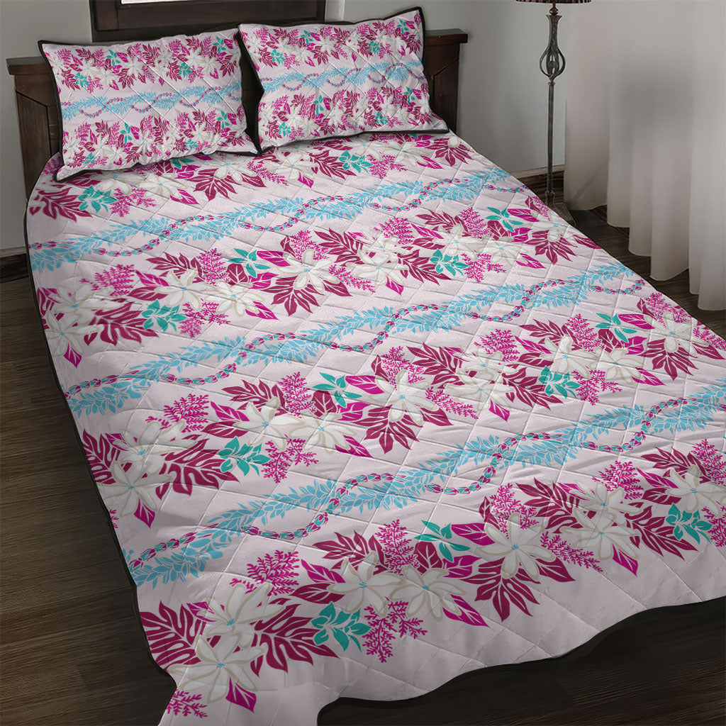 Monstera Tiare Plumeria Lei Pattern Quilt Bed Set Pink Version