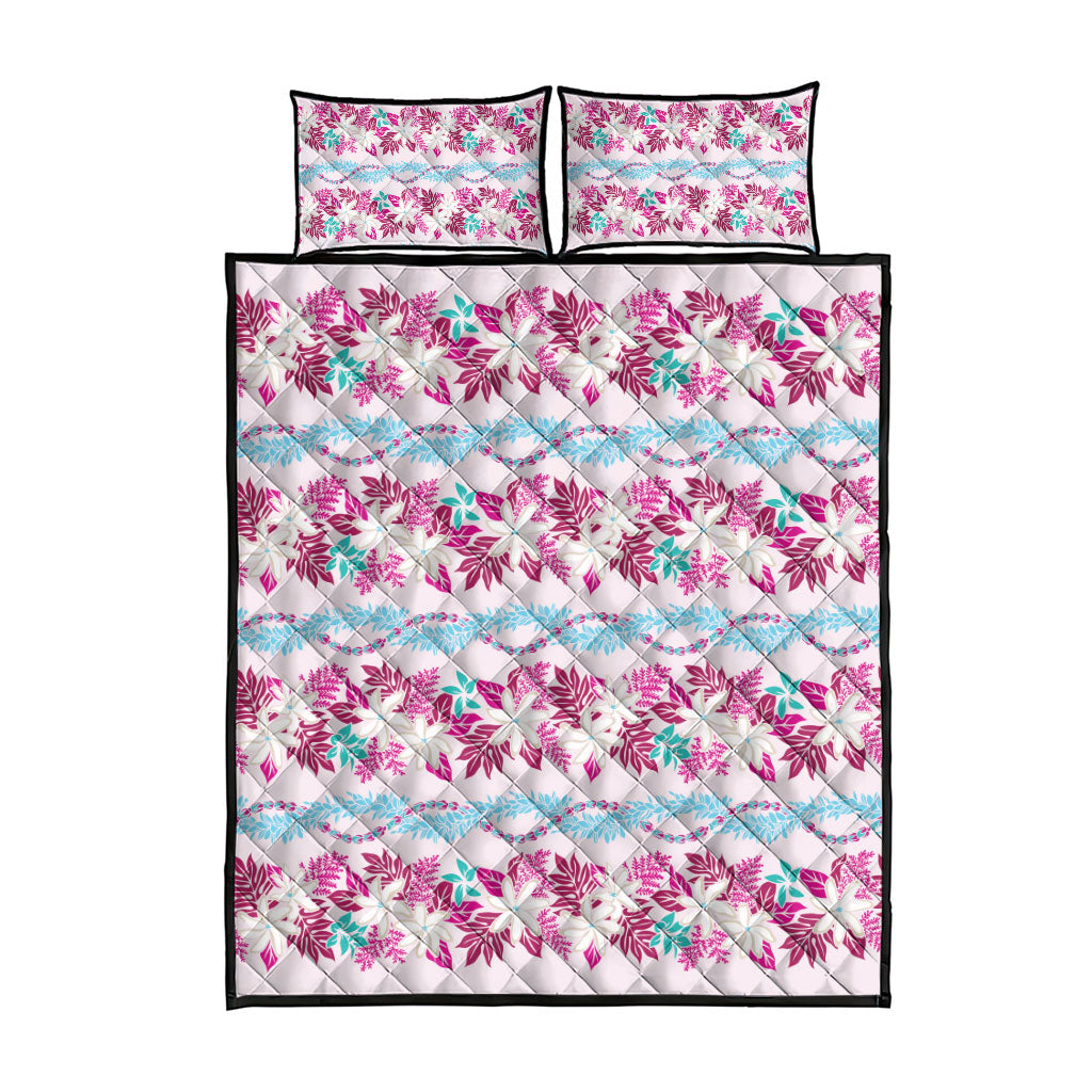 Monstera Tiare Plumeria Lei Pattern Quilt Bed Set Pink Version