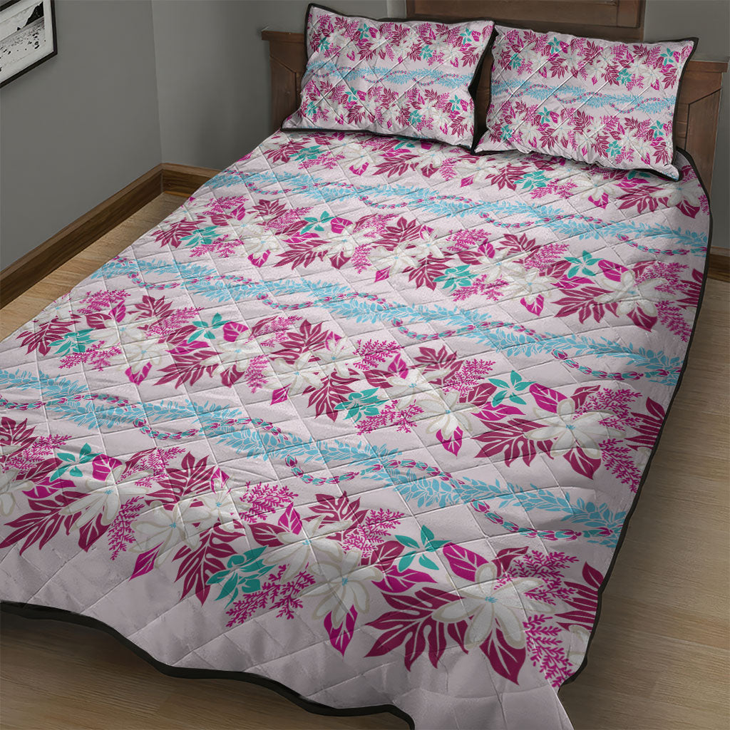 Monstera Tiare Plumeria Lei Pattern Quilt Bed Set Pink Version