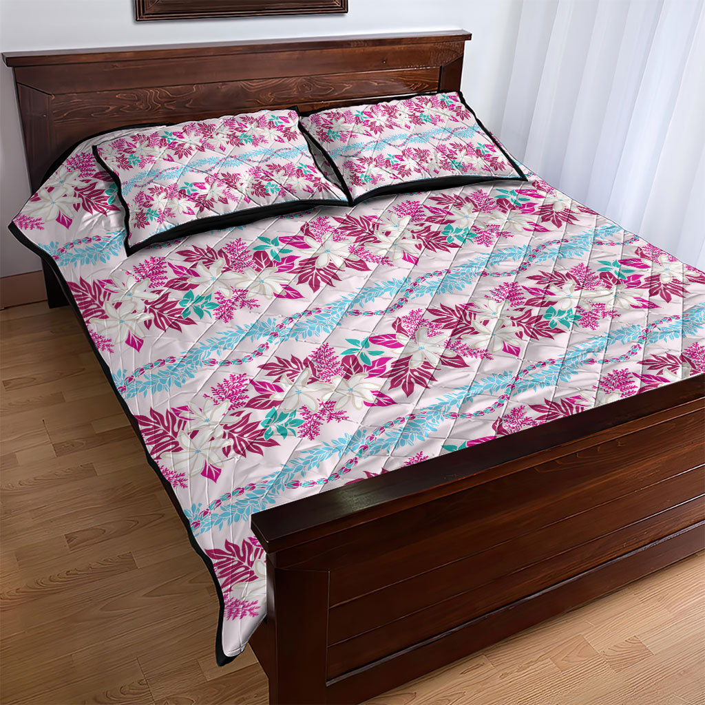 Monstera Tiare Plumeria Lei Pattern Quilt Bed Set Pink Version
