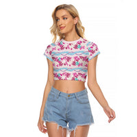 Monstera Tiare Plumeria Lei Pattern Raglan Cropped T Shirt Pink Version