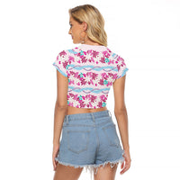 Monstera Tiare Plumeria Lei Pattern Raglan Cropped T Shirt Pink Version