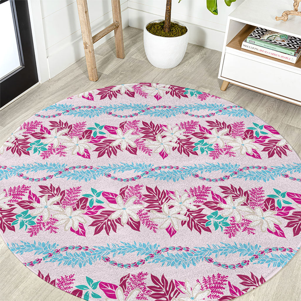 Monstera Tiare Plumeria Lei Pattern Round Carpet Pink Version