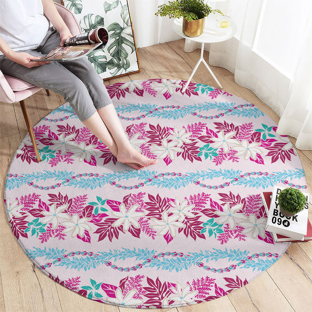 Monstera Tiare Plumeria Lei Pattern Round Carpet Pink Version