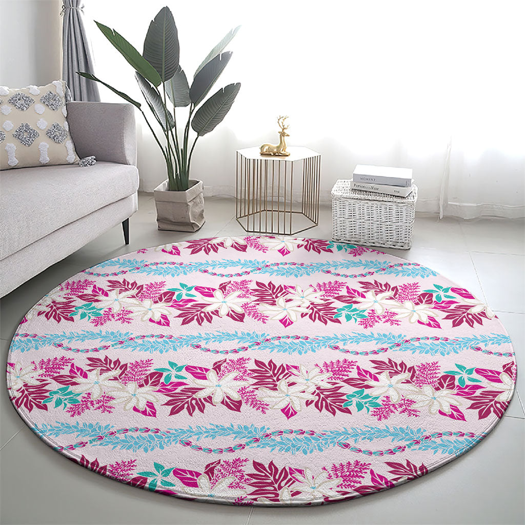 Monstera Tiare Plumeria Lei Pattern Round Carpet Pink Version
