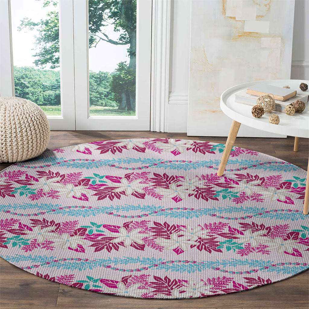 Monstera Tiare Plumeria Lei Pattern Round Carpet Pink Version