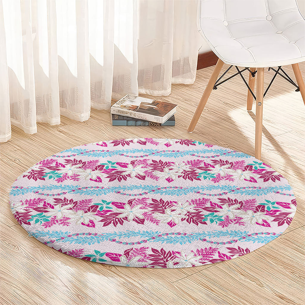Monstera Tiare Plumeria Lei Pattern Round Carpet Pink Version