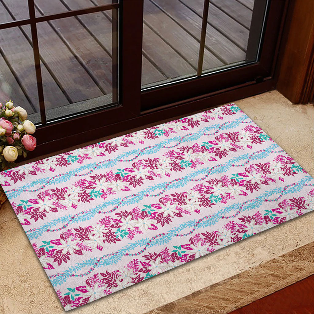 Monstera Tiare Plumeria Lei Pattern Rubber Doormat Pink Version