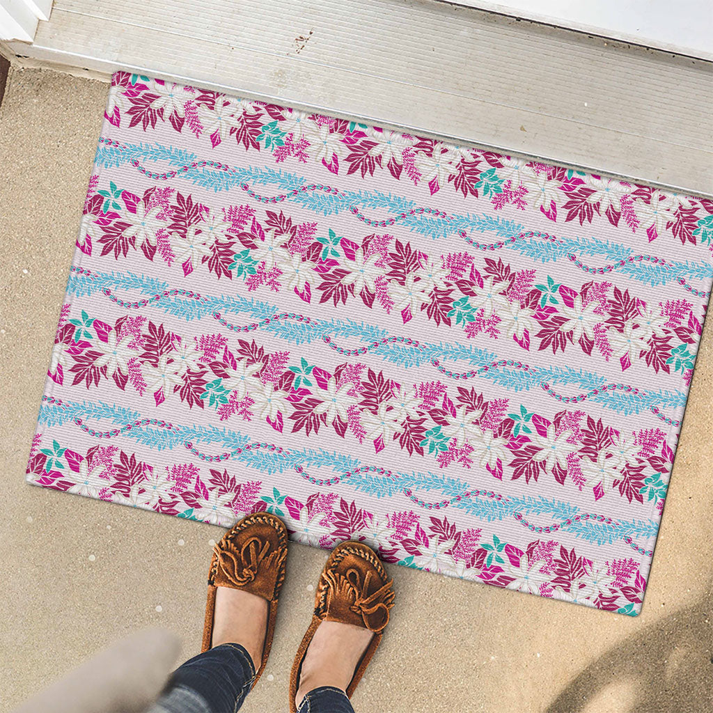 Monstera Tiare Plumeria Lei Pattern Rubber Doormat Pink Version