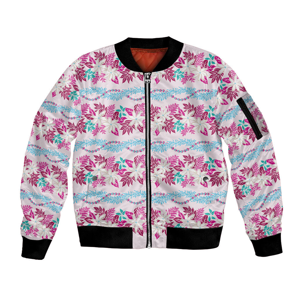 Monstera Tiare Plumeria Lei Pattern Sleeve Zip Bomber Jacket Pink Version