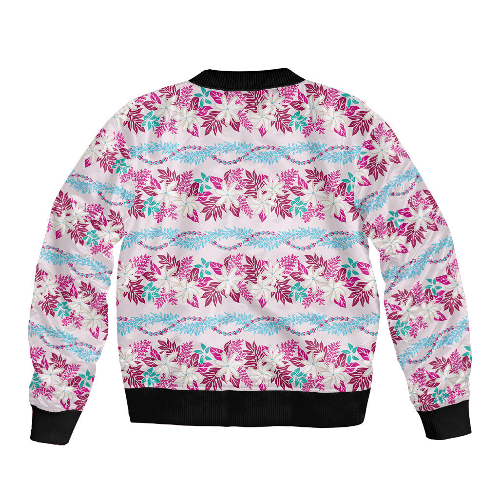 Monstera Tiare Plumeria Lei Pattern Sleeve Zip Bomber Jacket Pink Version