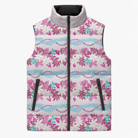 Monstera Tiare Plumeria Lei Pattern Sleeveless Puffer Jacket Pink Version