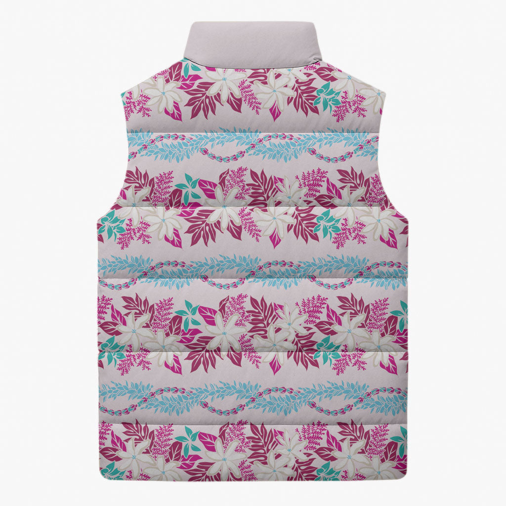 Monstera Tiare Plumeria Lei Pattern Sleeveless Puffer Jacket Pink Version
