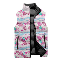 Monstera Tiare Plumeria Lei Pattern Sleeveless Puffer Jacket Pink Version