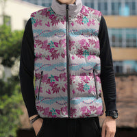 Monstera Tiare Plumeria Lei Pattern Sleeveless Puffer Jacket Pink Version