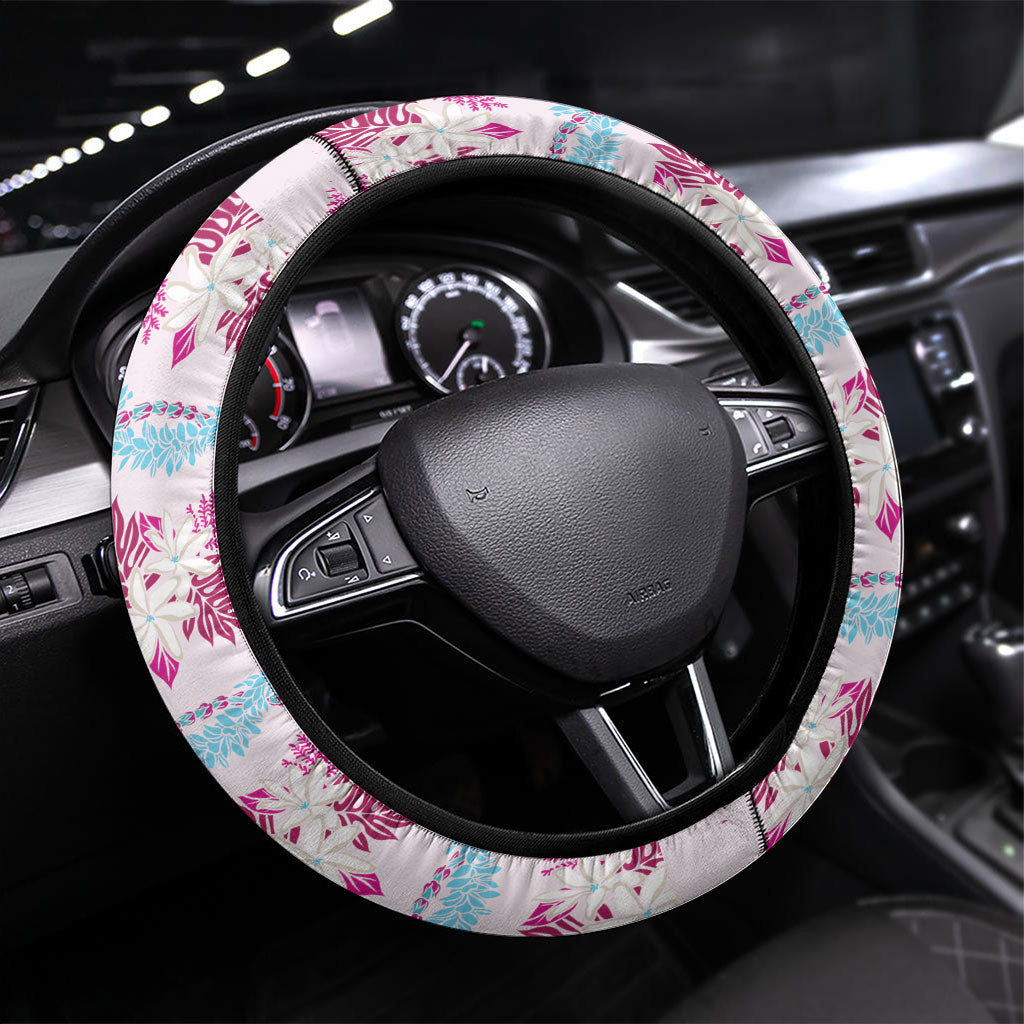 Monstera Tiare Plumeria Lei Pattern Steering Wheel Cover Pink Version LT01 Universal Fit Pink - Polynesian Pride