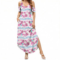 Monstera Tiare Plumeria Lei Pattern Summer Maxi Dress Pink Version