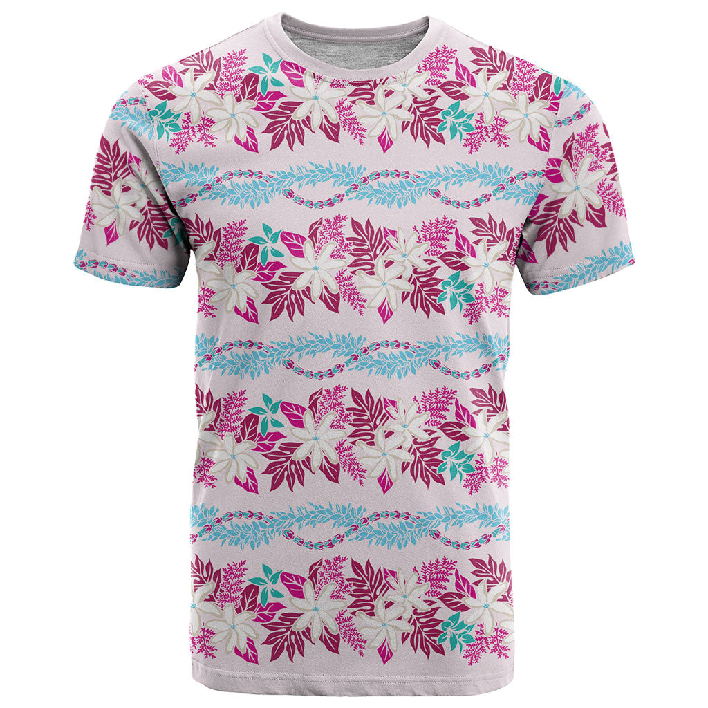 Monstera Tiare Plumeria Lei Pattern T Shirt Pink Version LT01 Pink - Polynesian Pride