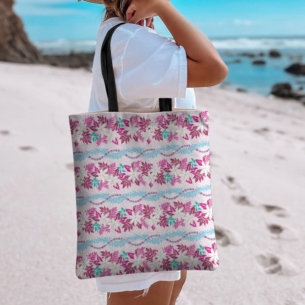 Monstera Tiare Plumeria Lei Pattern Tote Bag Pink Version LT01 - Polynesian Pride