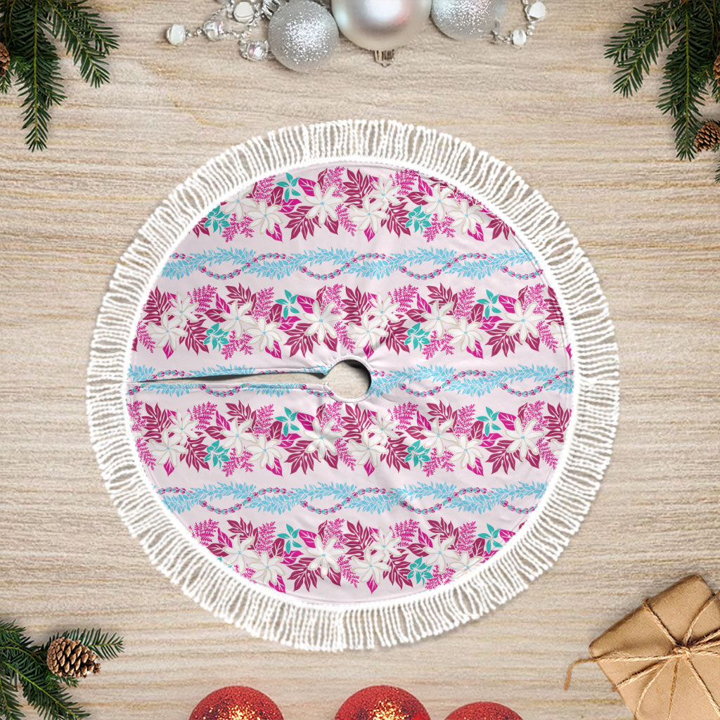 Monstera Tiare Plumeria Lei Pattern Tree Skirt Pink Version LT01 Fringed Pink - Polynesian Pride