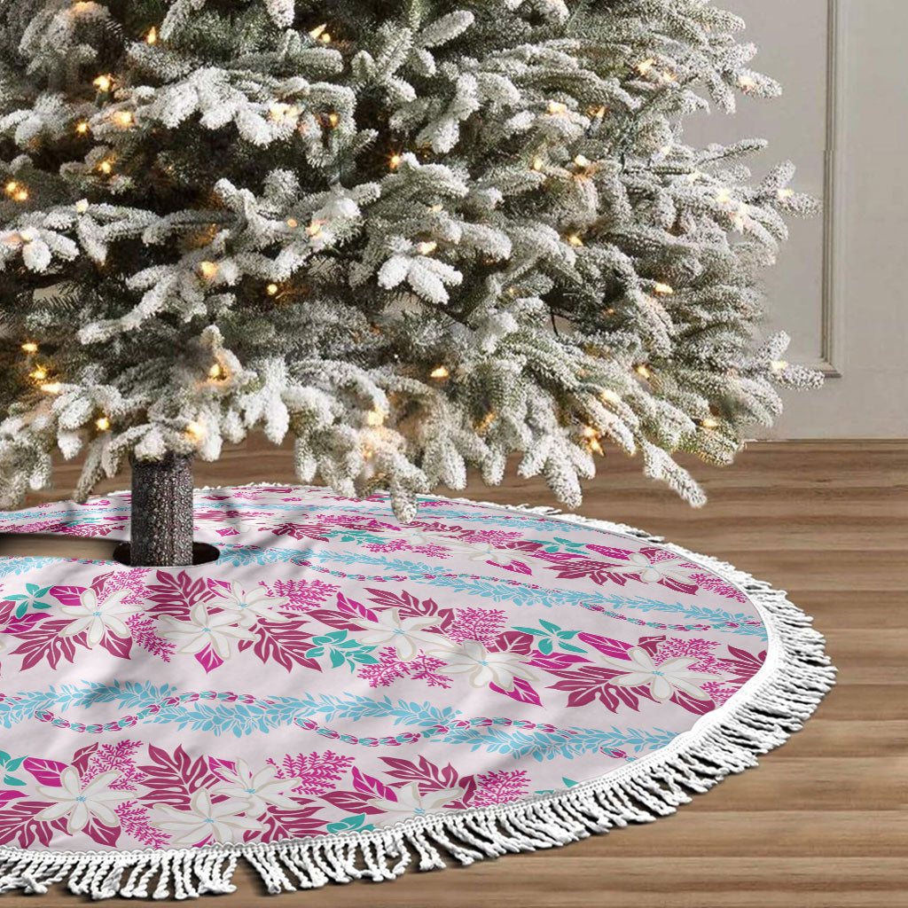 Monstera Tiare Plumeria Lei Pattern Tree Skirt Pink Version LT01 - Polynesian Pride