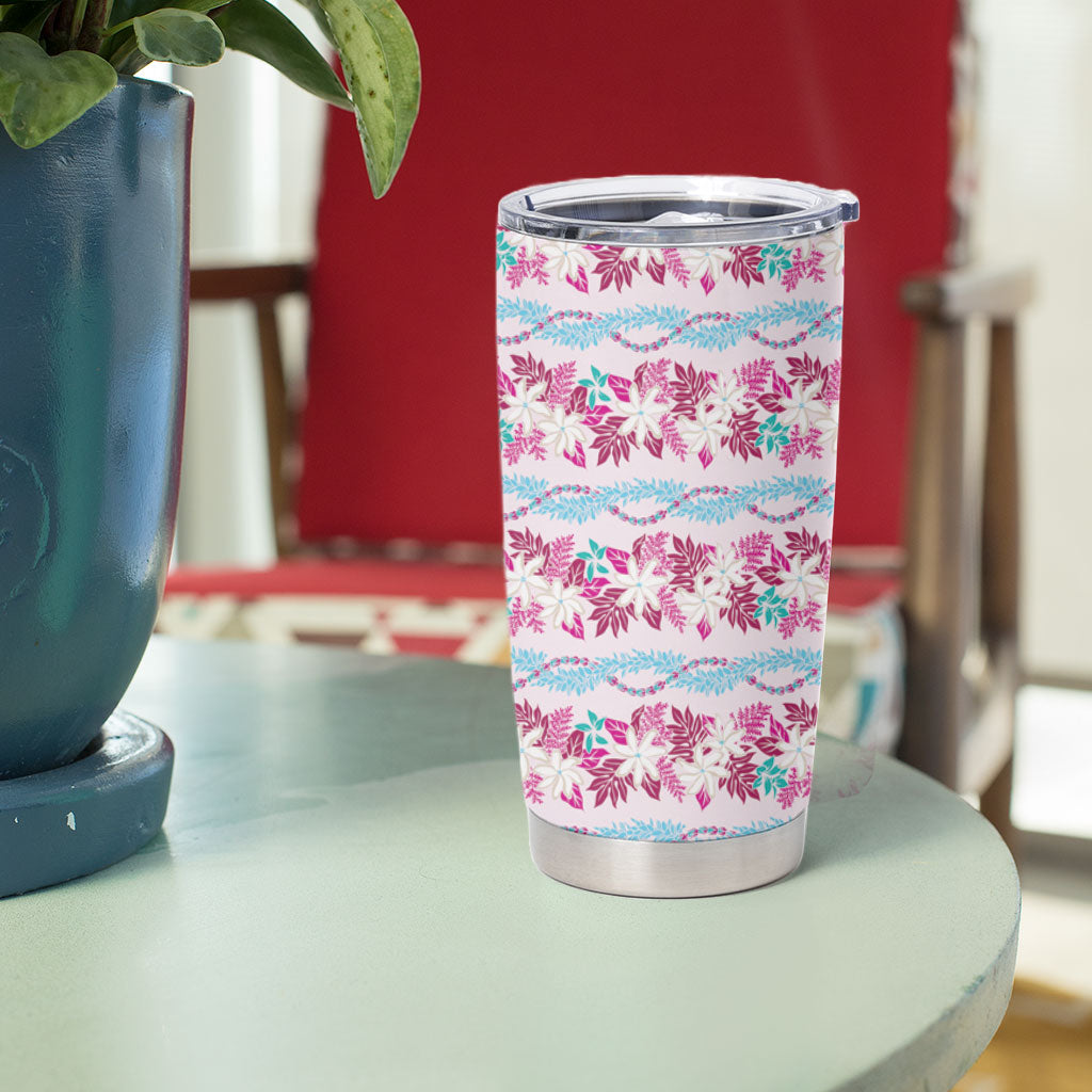 Monstera Tiare Plumeria Lei Pattern Tumbler Cup Pink Version
