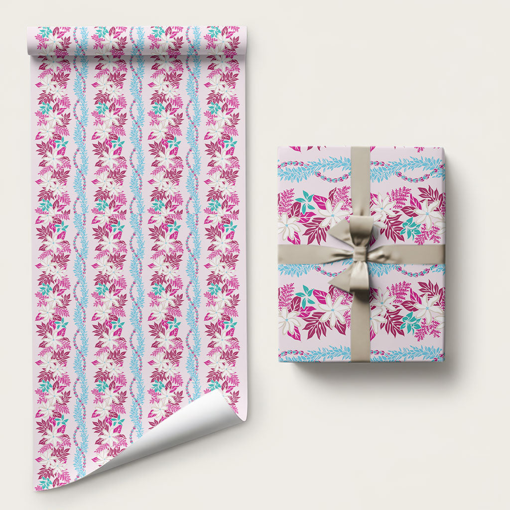 Monstera Tiare Plumeria Lei Pattern Wrapping Paper Pink Version