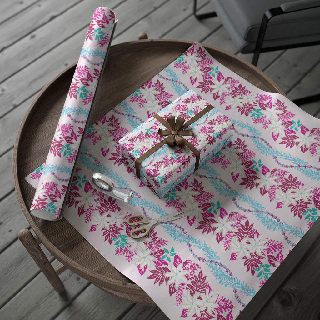 Monstera Tiare Plumeria Lei Pattern Wrapping Paper Pink Version