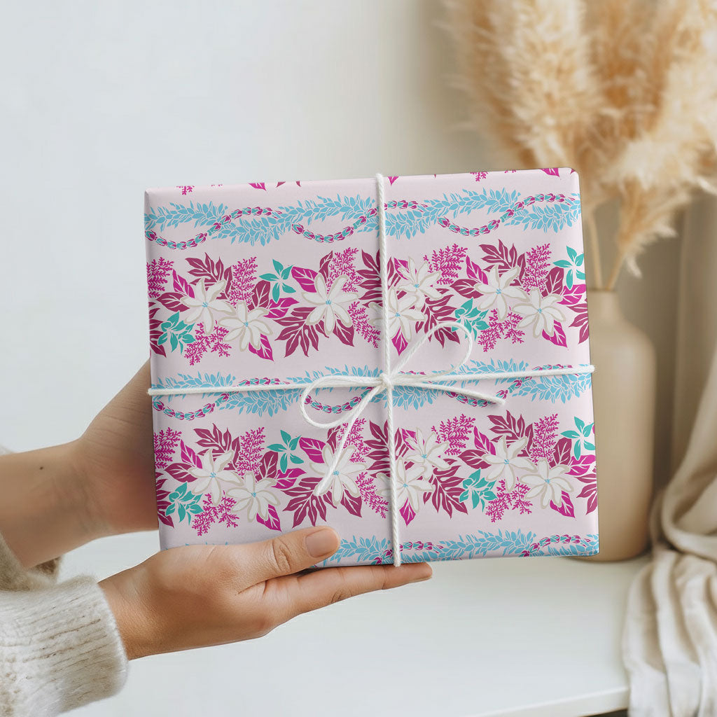 Monstera Tiare Plumeria Lei Pattern Wrapping Paper Pink Version