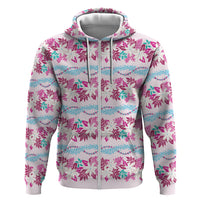 Monstera Tiare Plumeria Lei Pattern Zip Hoodie Pink Version