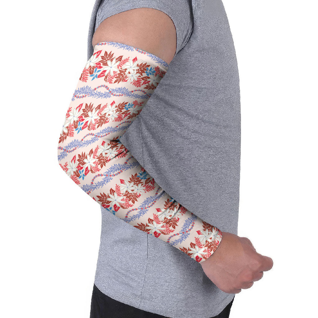 Monstera Tiare Plumeria Lei Pattern Arm Sleeves Red Version