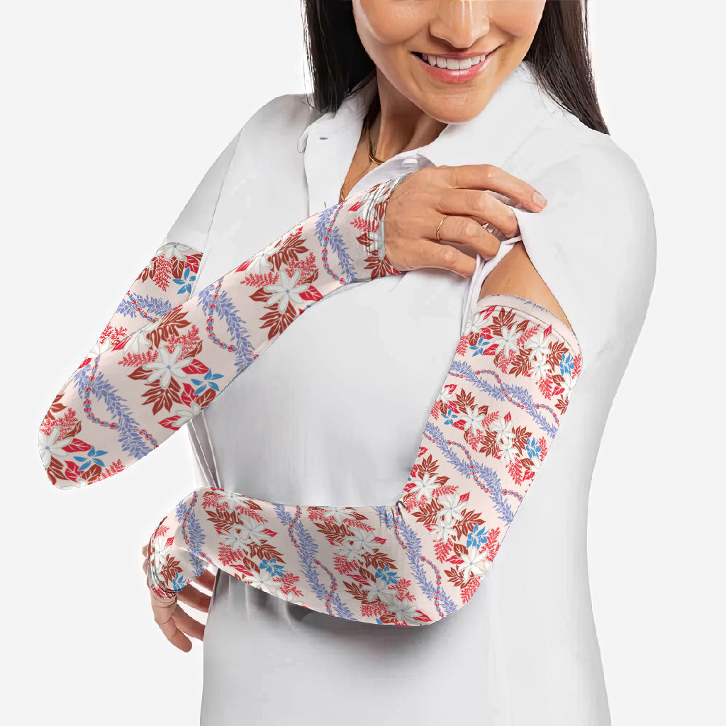Monstera Tiare Plumeria Lei Pattern Arm Sleeves Red Version