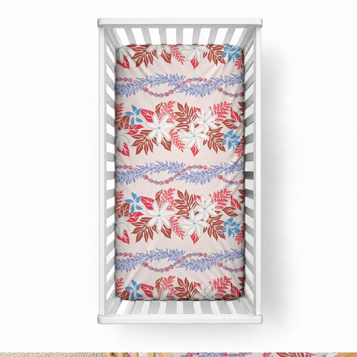 Monstera Tiare Plumeria Lei Pattern Baby Bed Cover Red Version