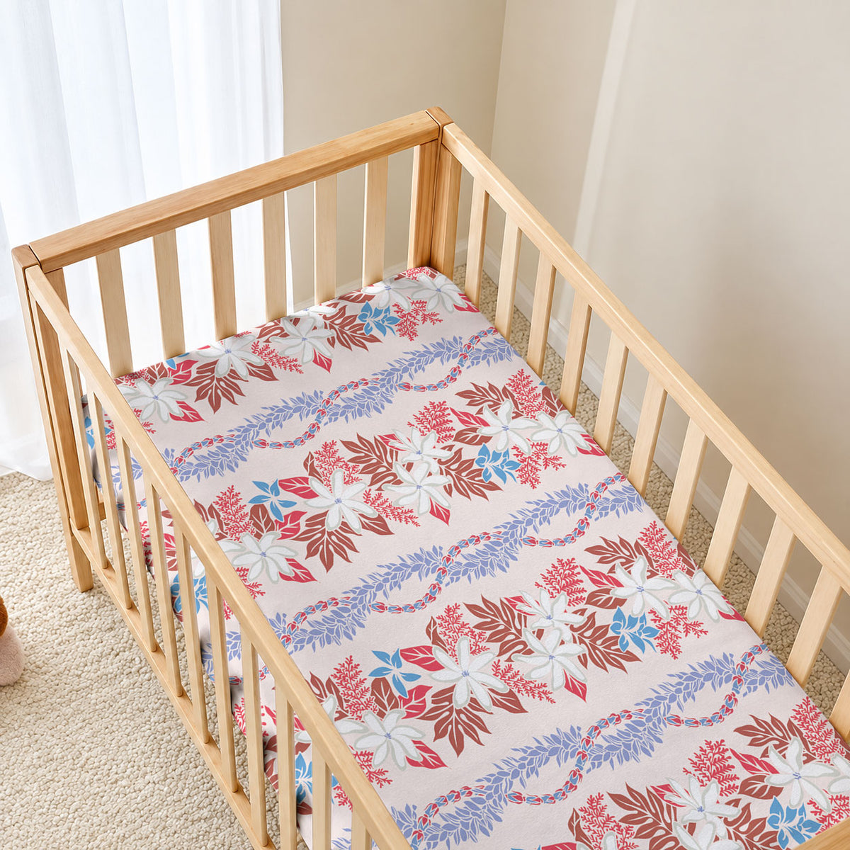 Monstera Tiare Plumeria Lei Pattern Baby Bed Cover Red Version