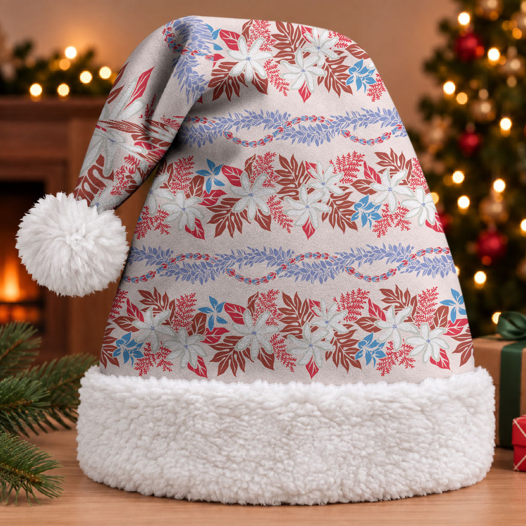 Monstera Tiare Plumeria Lei Pattern Christmas Santa Hat Red Version