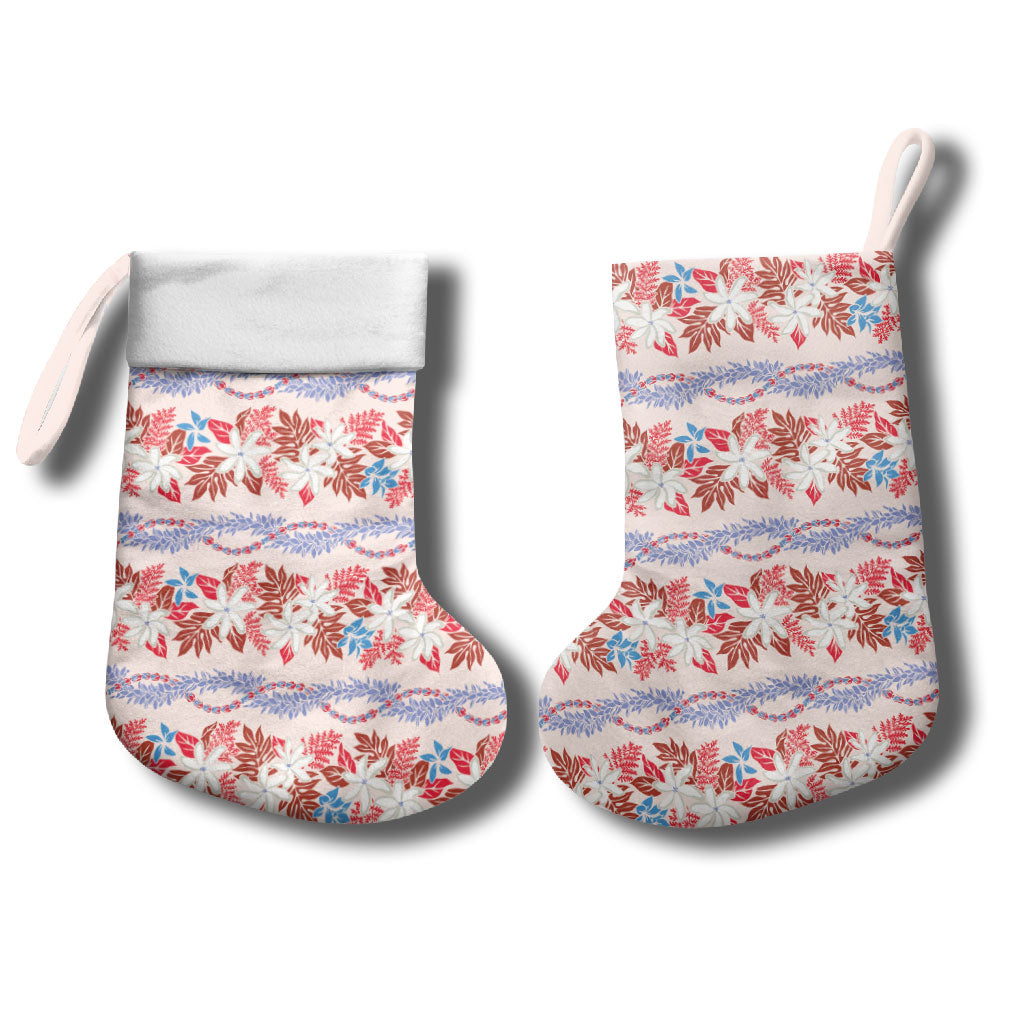 Monstera Tiare Plumeria Lei Pattern Christmas Stocking Red Version