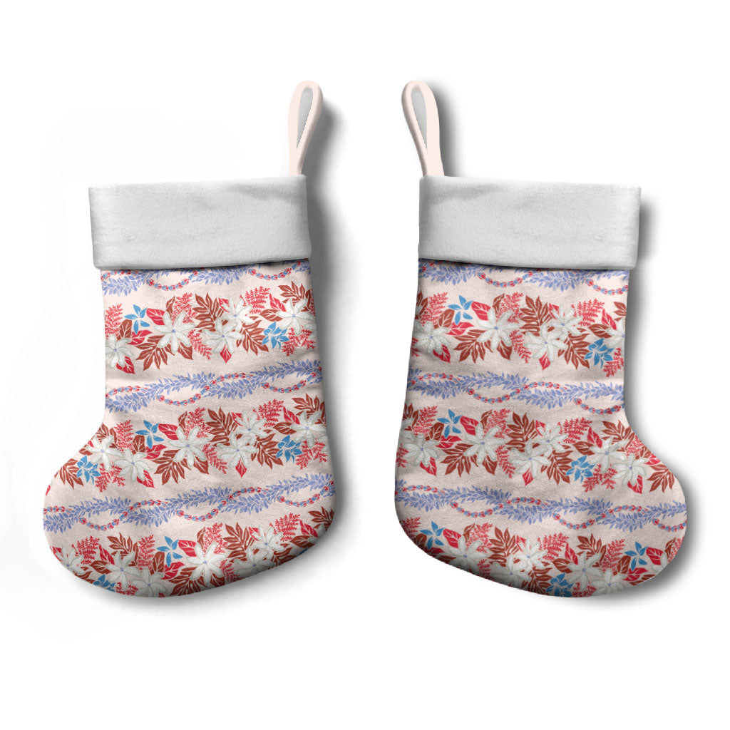 Monstera Tiare Plumeria Lei Pattern Christmas Stocking Red Version