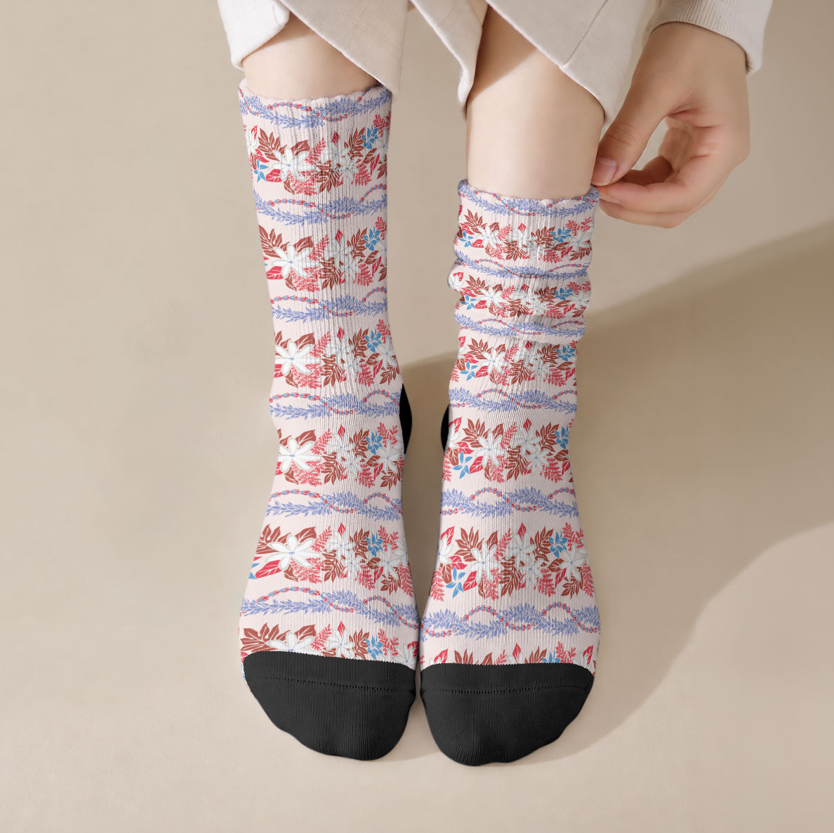 Monstera Tiare Plumeria Lei Pattern Crew Socks Red Version LT01 Crew Socks Red - Polynesian Pride