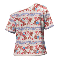 Monstera Tiare Plumeria Lei Pattern Cross Shoulder Shirt Red Version LT01 - Polynesian Pride