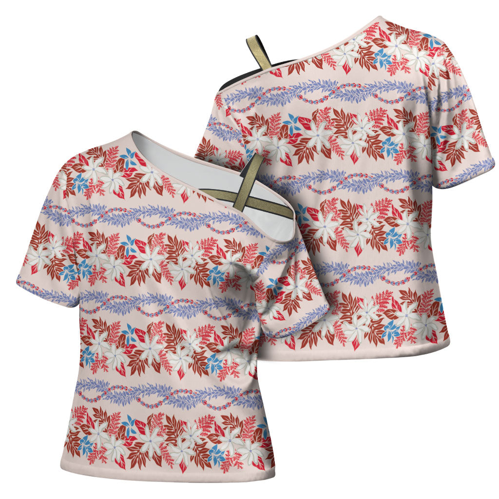 Monstera Tiare Plumeria Lei Pattern Cross Shoulder Shirt Red Version LT01 - Polynesian Pride