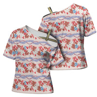 Monstera Tiare Plumeria Lei Pattern Cross Shoulder Shirt Red Version LT01 - Polynesian Pride
