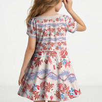 Monstera Tiare Plumeria Lei Pattern Kid Short Sleeve Dress Red Version LT01 - Polynesian Pride
