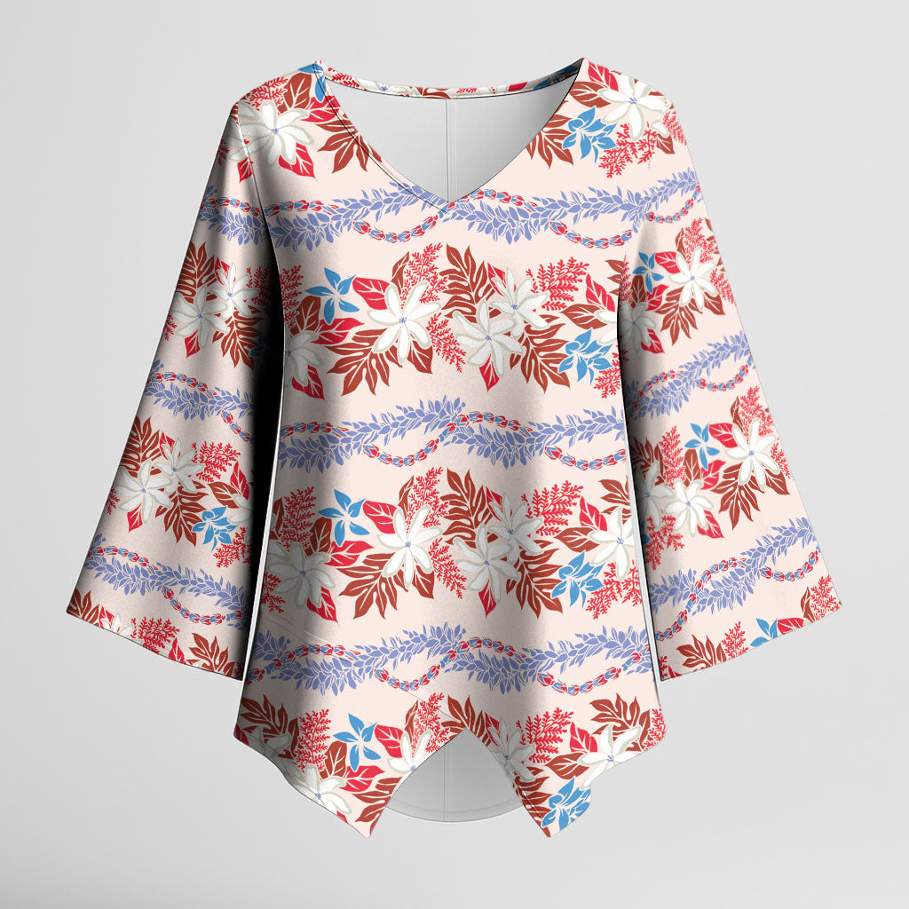 Monstera Tiare Plumeria Lei Pattern Kimono Sleeve Blouse Red Version LT01 Female Red - Polynesian Pride
