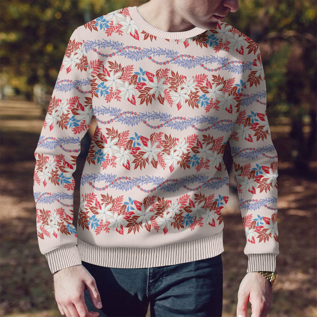 Monstera Tiare Plumeria Lei Pattern Ugly Christmas Sweater Red Version