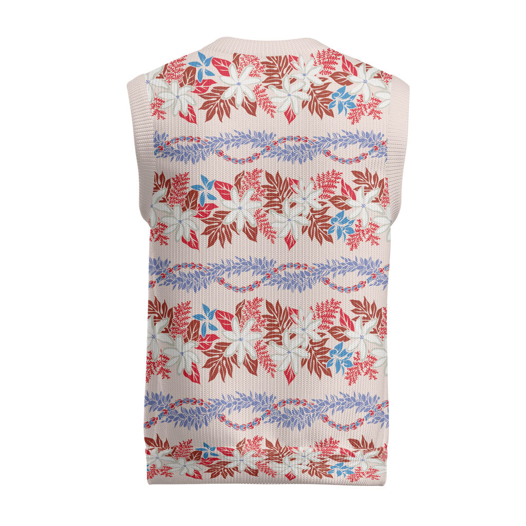Monstera Tiare Plumeria Lei Pattern Christmas Knitted V-Neck Vest Red Version