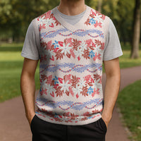 Monstera Tiare Plumeria Lei Pattern Christmas Knitted V-Neck Vest Red Version